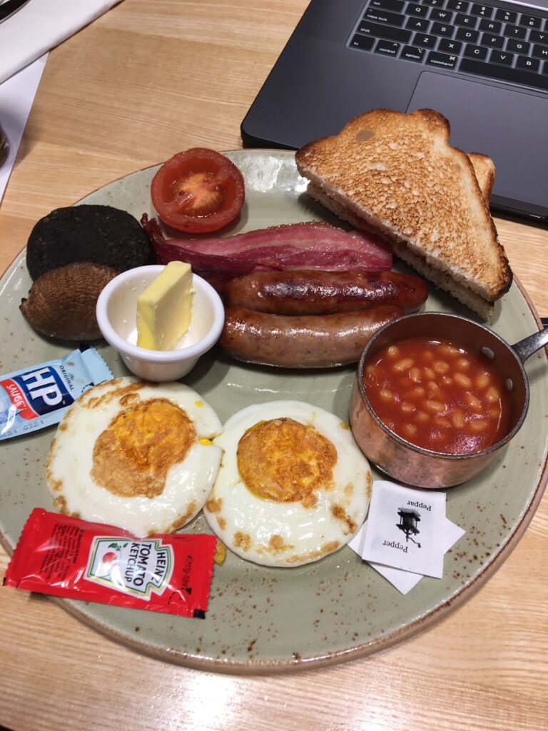 A proper english breakfast including black pudding at LHR. 